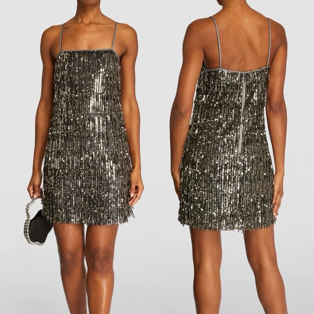 NWT Alice + Olivia Chicago Sequin Fringe Mini Dress Gunmetal Silver Flapper NYE - Picture 5 of 17